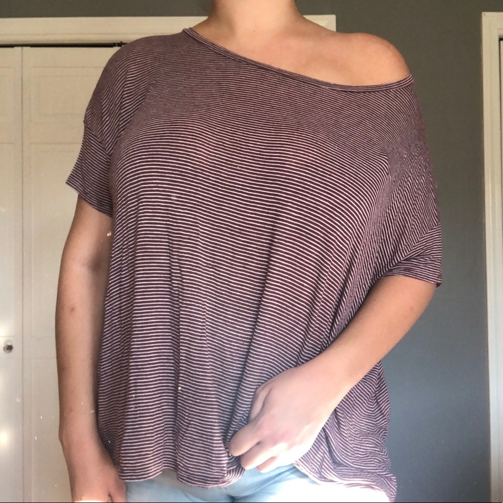 Red and White Striped Flowy Tee